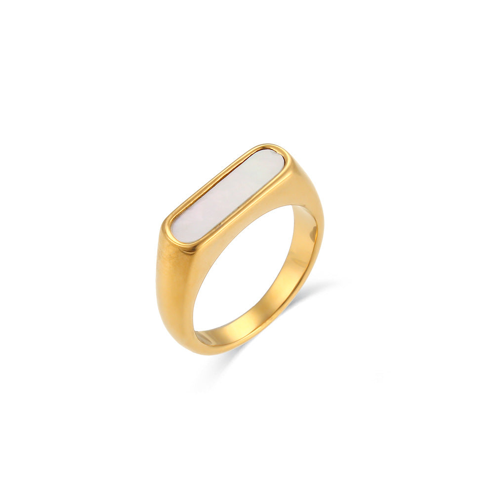 Anillo minimalista de acero inoxidable con diseño geométrico, chapado en oro de 18 quilates e incrustaciones de abulón para mujer