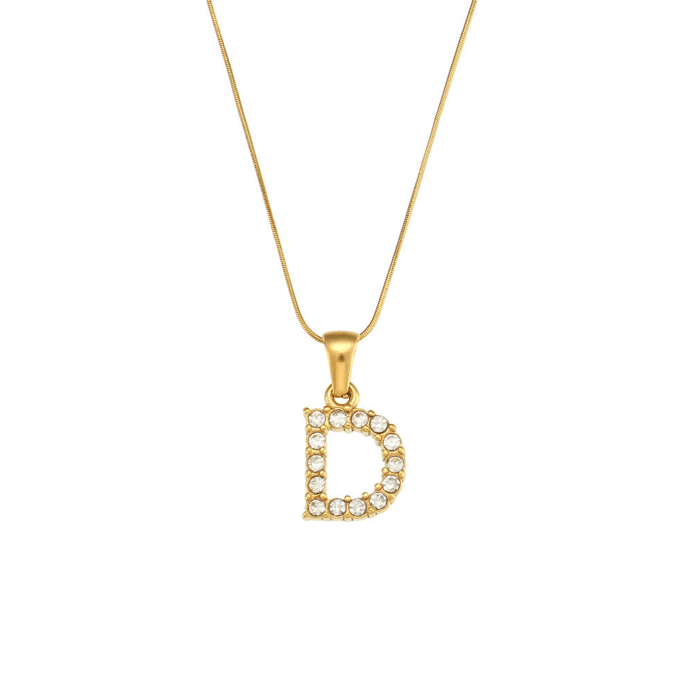 Fashion Minimalist Letter Pendant Necklace in Stainless Steel with 18K Gold Plating and Cubic Zirconia on Thin Snake Chain for Women