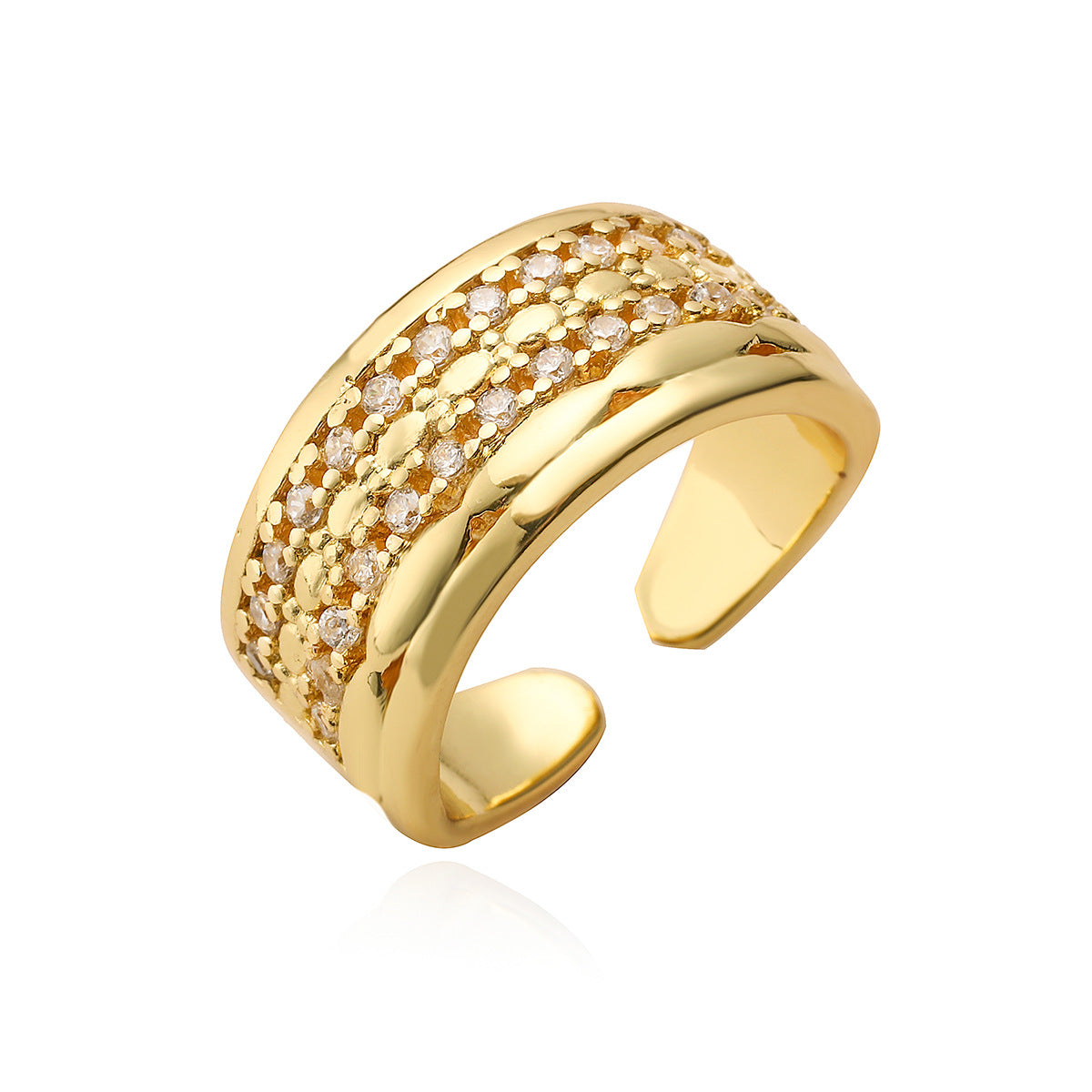 Anello da donna aperto geometrico in rame con placcatura in oro 18 carati e intarsio di zirconi, accessorio di moda minimalista di ispirazione vintage
