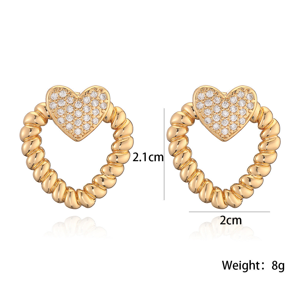 Pendientes de Cobre Minimalistas en Forma de Corazón Hueco con Baño de Oro e Incrustaciones de Circones para Mujer
