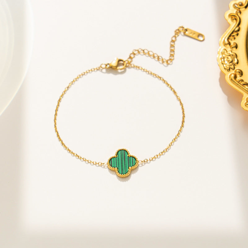 Minimalist Four-Leaf Clover Bracelet in Titanium Steel with Electroplated Finish for Women and Unisex Wear