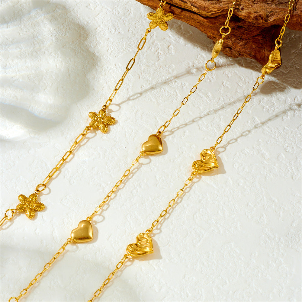 Minimalist Elegant Gold Plated Textured Heart Flower Stainless Steel Necklace Cable Chain for Women
