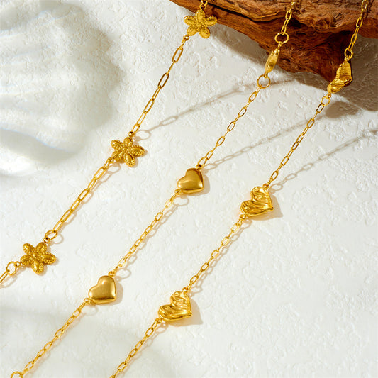 Minimalist Elegant Gold Plated Textured Heart Flower Stainless Steel Necklace Cable Chain for Women