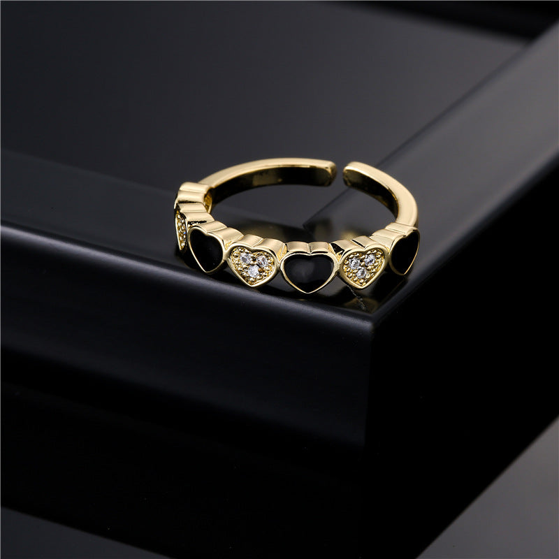 Drip Oil Heart Shaped Brass Ring with Micro-Inlaid Cubic Zirconia for Women