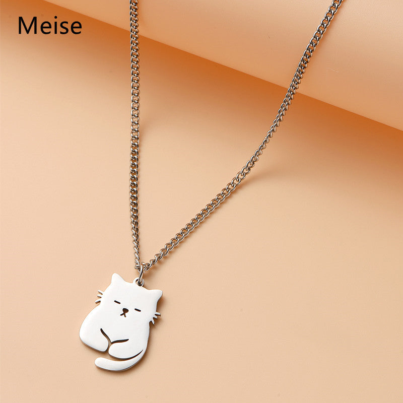 Simpatica collana con ciondolo a forma di gatto in acciaio al titanio con design geometrico, finitura galvanizzata, stile fresco e dolce per le donne