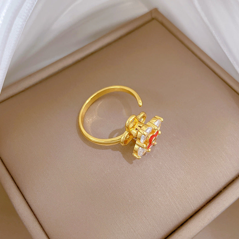 Minimalist Sweet Gold Plated Brass Clover Adjustable Ring for Women and Couples