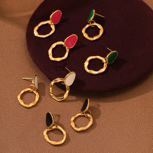 Fashion Vintage Irregular Geometric Enamel Plated 18K Stainless Steel Earrings for Women
