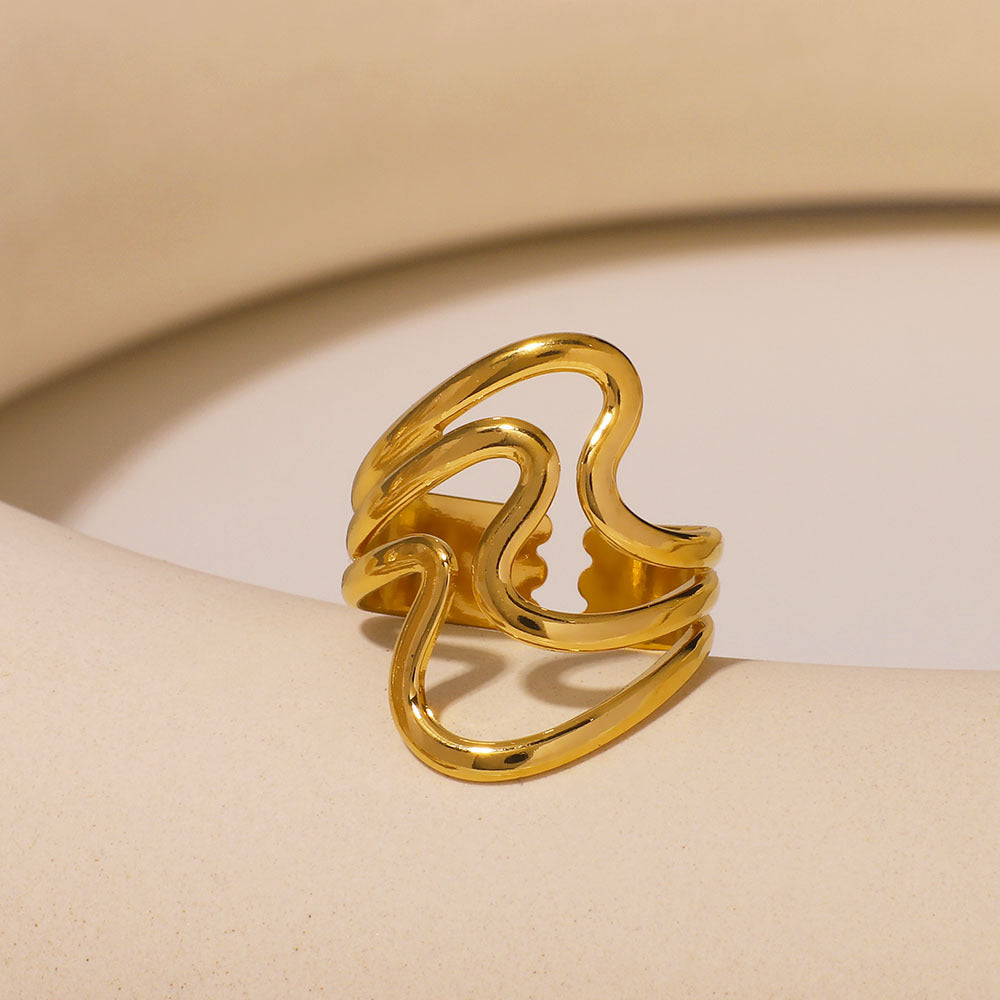 Minimalist 18K Gold Plated Stainless Steel Wavy Open Ring Asymmetric Geometric Design Unisex