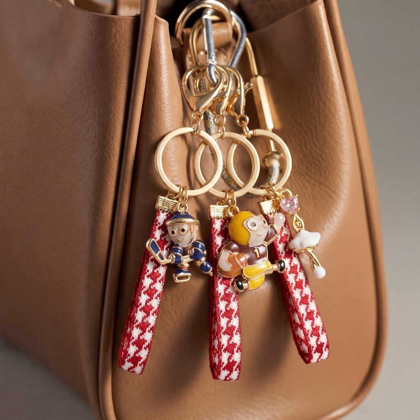 Sweet Gold Plated Brass Cartoon Strawberry Charm Bar Bag Pendant Keychain for Women