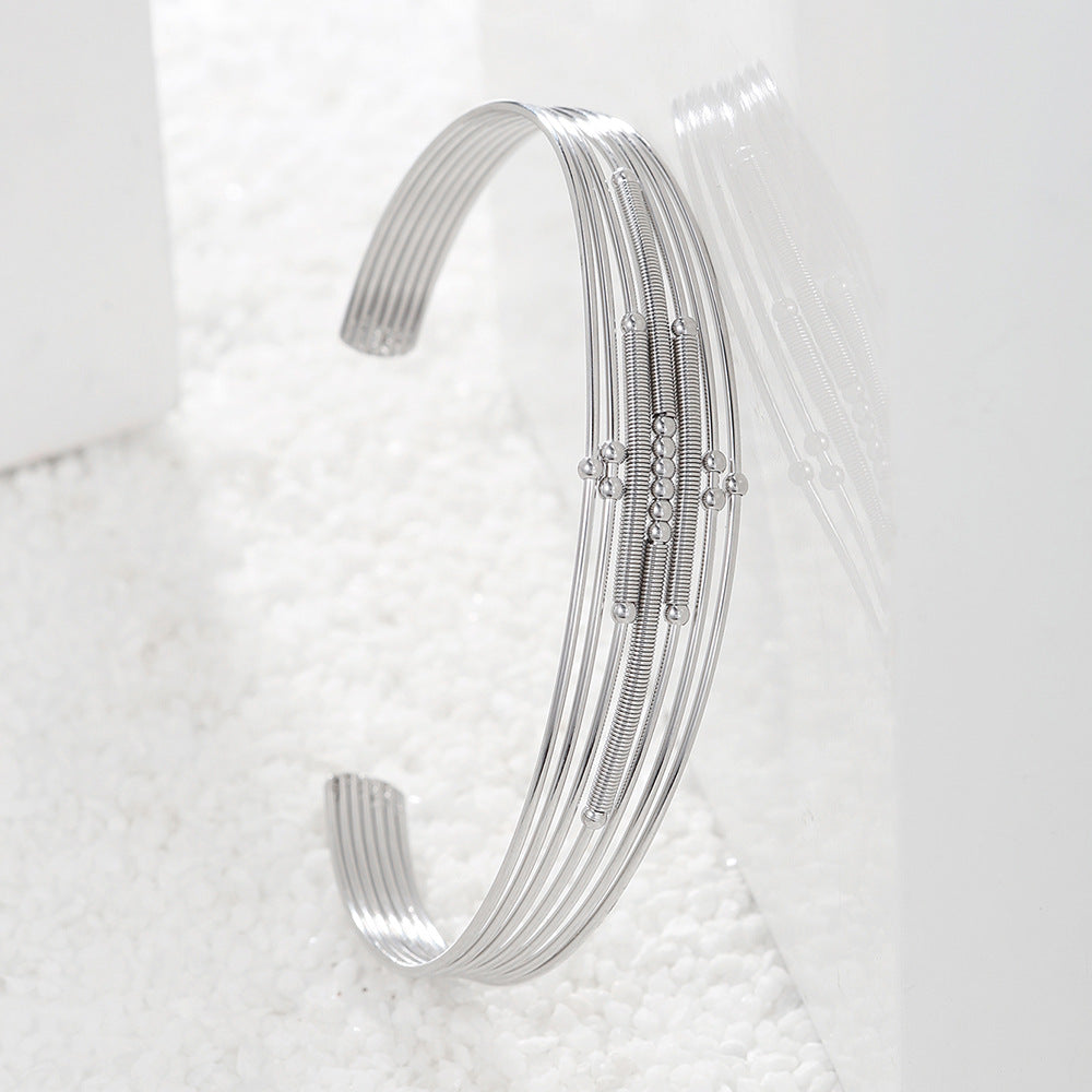 Vintage Geometric Round Plated Stainless Steel Multi-Layer Open Cuff Bracelet for Women