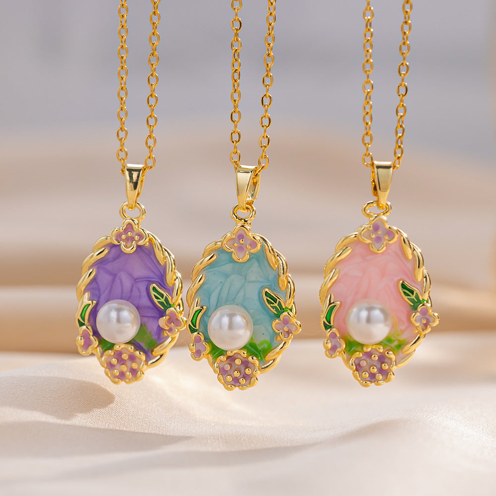 Elegant French Vintage Style Enamel Floral Pendant Necklace with Titanium Steel Chain and Camellia Design