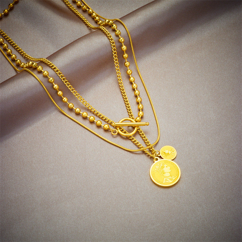 Collana vintage a sospensione multipla geometrica rotonda da donna con catena in acciaio al titanio e finitura placcata