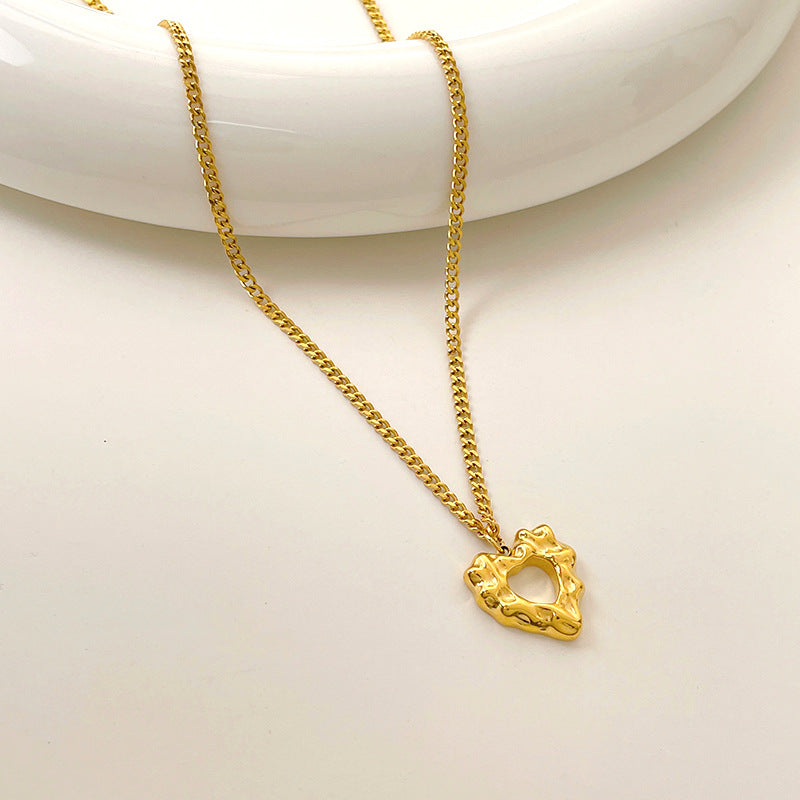 Abstract Heart Pendant Necklace for Women in Titanium Steel with Gold Plating, Minimalist Geometric Design, French Vintage Style, Sweater Chain