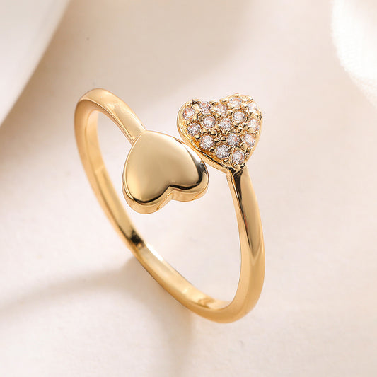 Minimalist 18K Gold Plated Brass Micro-Inlaid Cubic Zirconia Heart Leaf Open Ring for Women