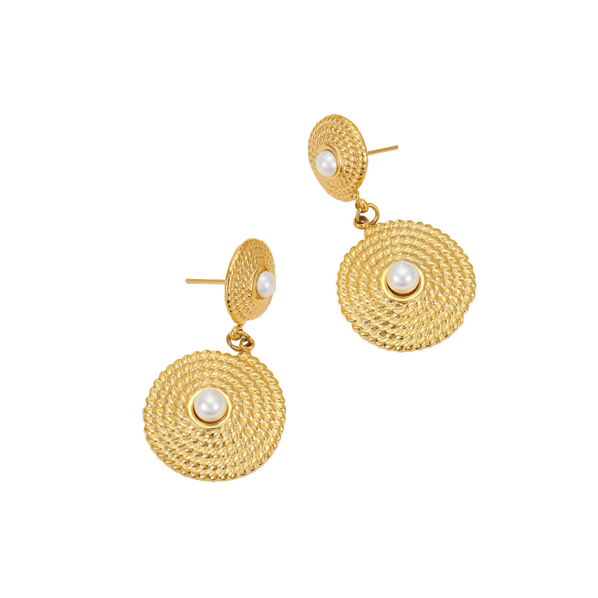 Fashionable French-Inspired Geometric Earrings with Pearl Inlay, 18K Gold-Plated Stainless Steel Studs for Women