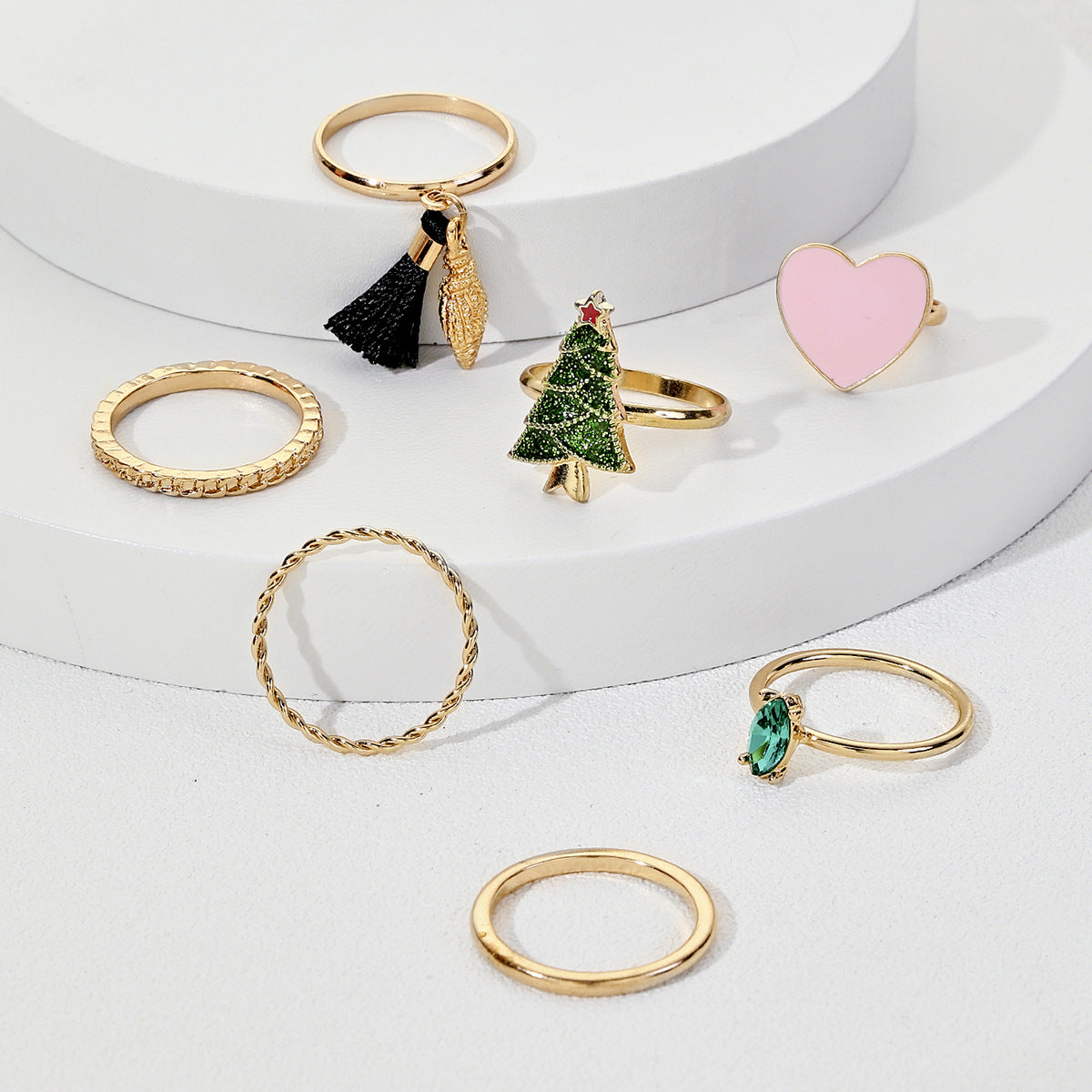 Casual Geometric Heart Teardrop Rhinestone Drip Oil Plated Alloy Ring with Christmas Tree Element