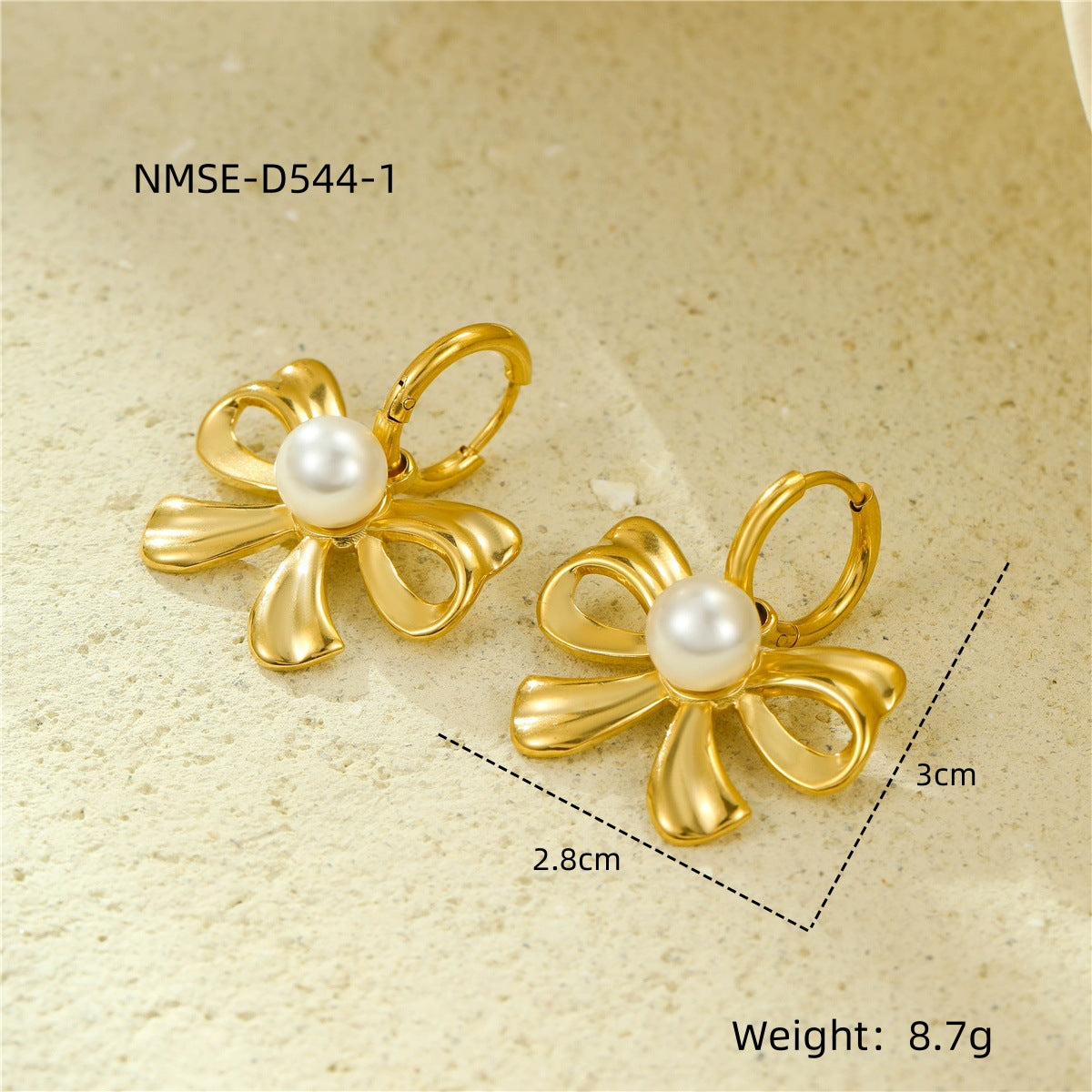 Pendientes de acero inoxidable de moda con forma de lazo, chapados en oro de 18 quilates y detalles de perlas para mujer