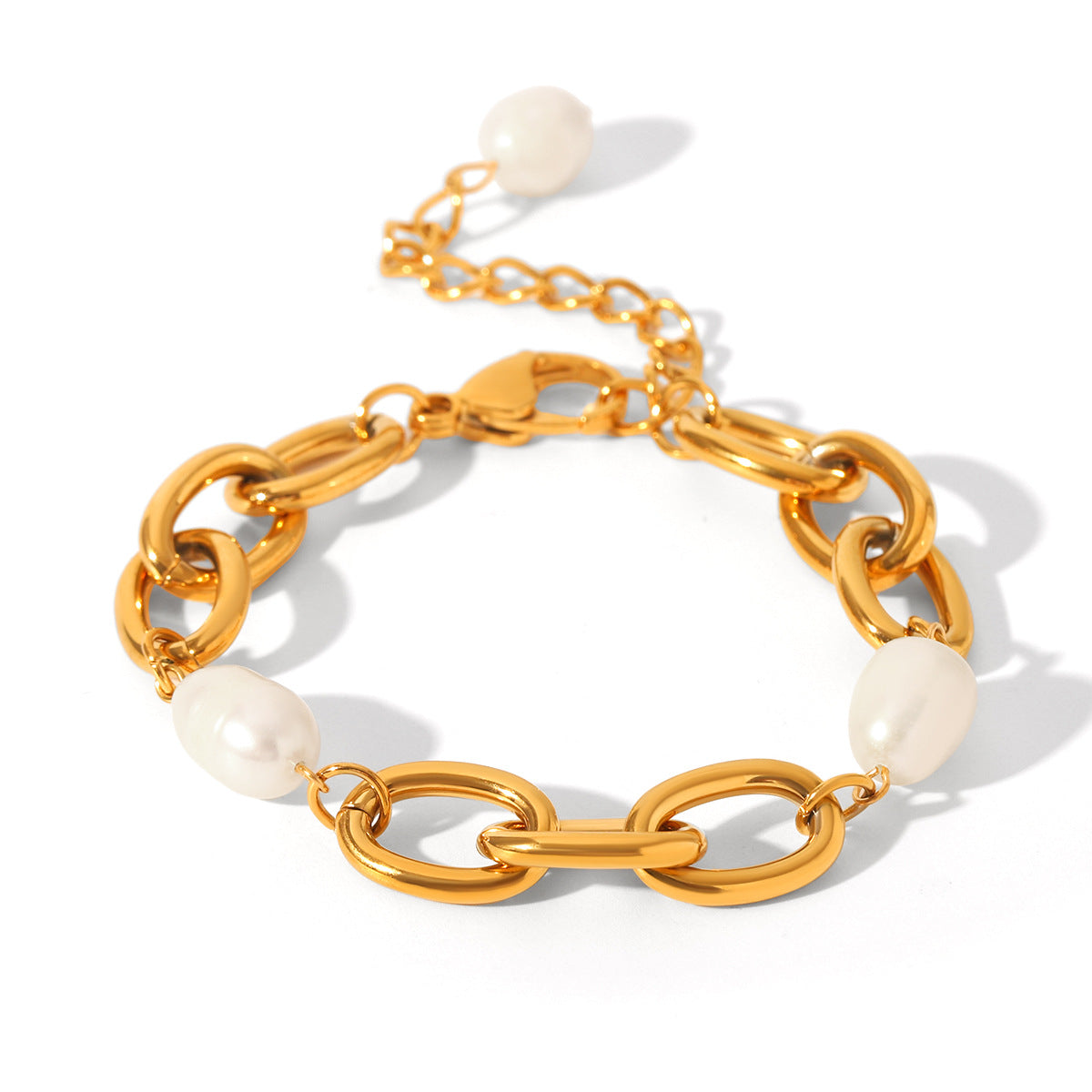Bracciale Ins Style geometrico con perle d'acqua dolce in acciaio inossidabile placcato oro 18K con catena a maglie a O in acciaio al titanio, gioielli anallergici