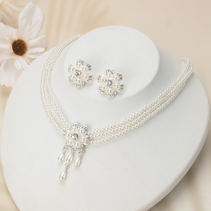 Sweet Floral Polka Dot Rhinestone Inlaid Alloy Pearl Ball Chain Necklace Earring Set for Women