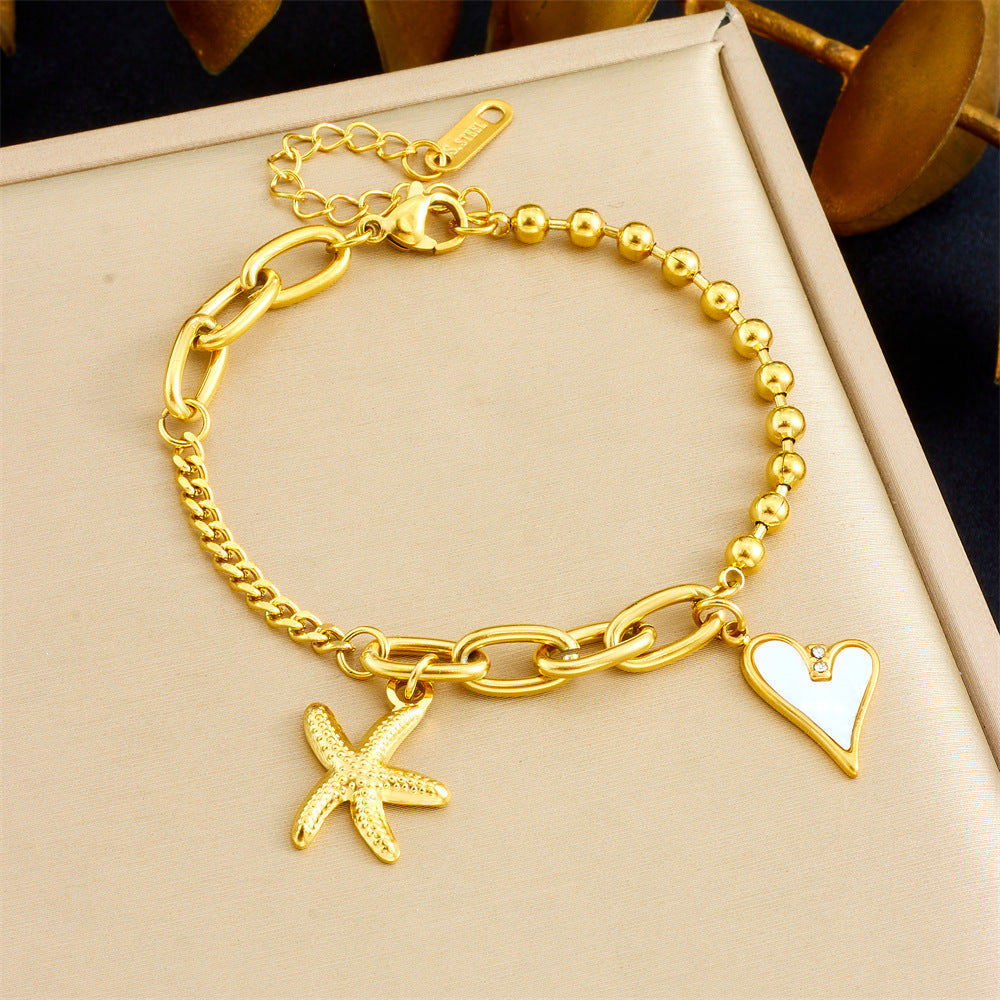 Fashionable Asymmetrical Heart-Shaped Stainless Steel Pendant Bracelet with 18K Gold Plating and Mother-of-Pearl Inlay for Women