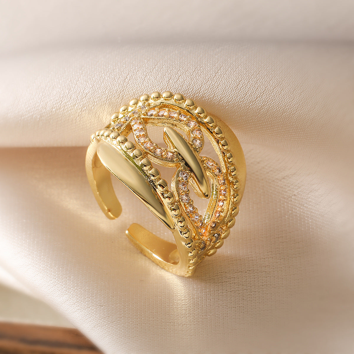 Anello regolabile in rame geometrico minimalista con zirconia micro-pavé da donna