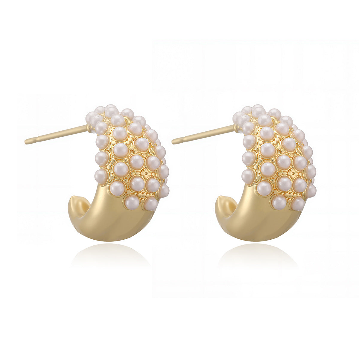 Minimalist Geometric Brass Gold Plated Pearl Stud Earrings with Abstract Design for Women
