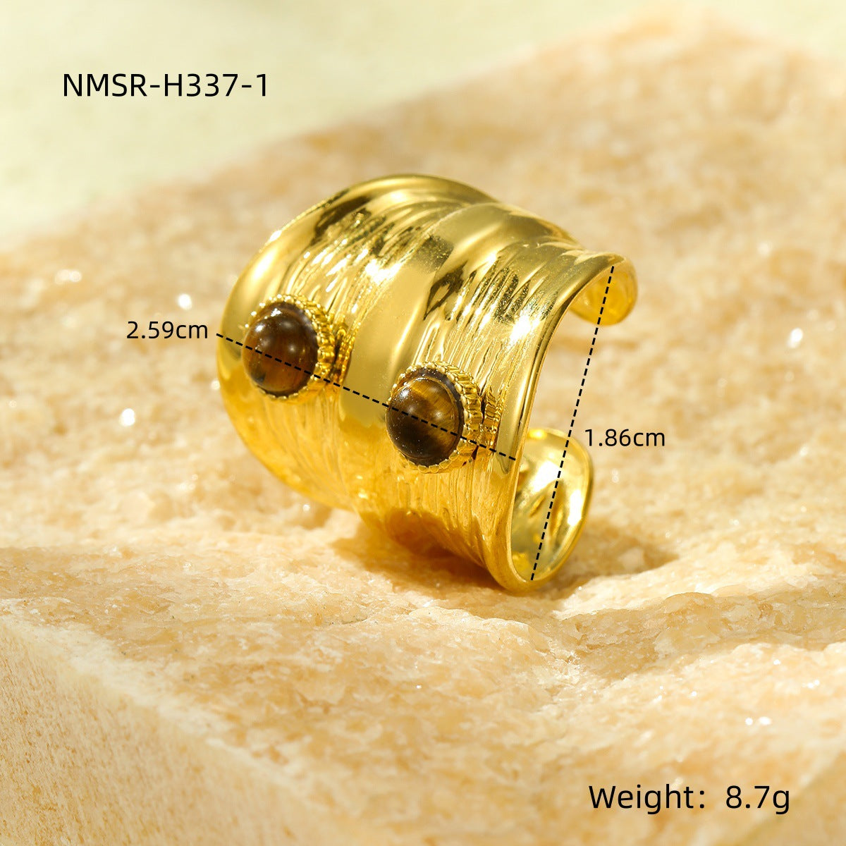 Anillo minimalista ajustable de banda ancha de acero inoxidable texturizado con dos piedras de ojo de tigre