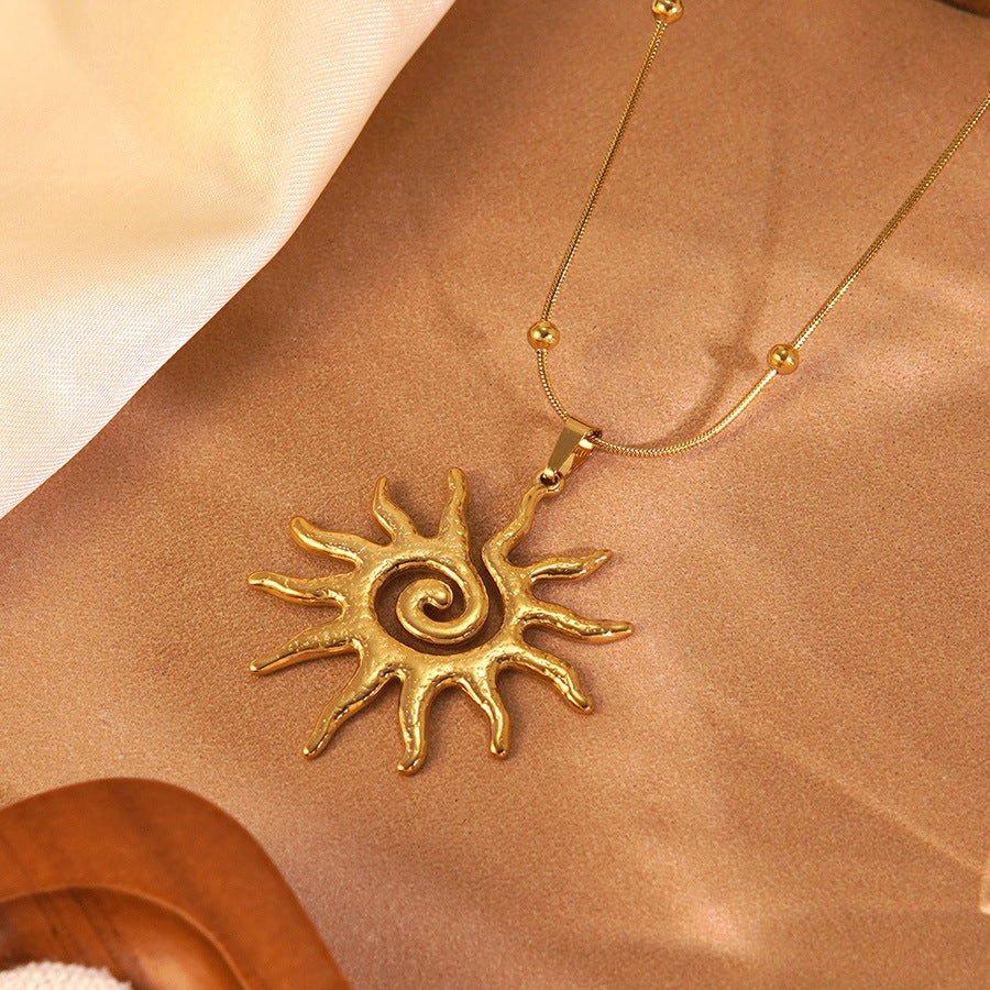Vintage Luxury Hollow Sun Stainless Steel Plated Necklace and Earring Set for Women