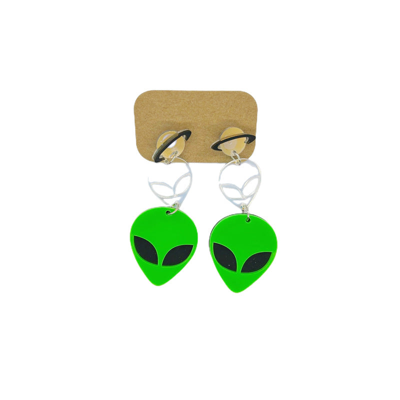 Pendientes de platillo volador alienígena OVNI con luna, estrella, vaca, gato y arco iris de acrílico extragrande para mujer con detalle cortado a láser