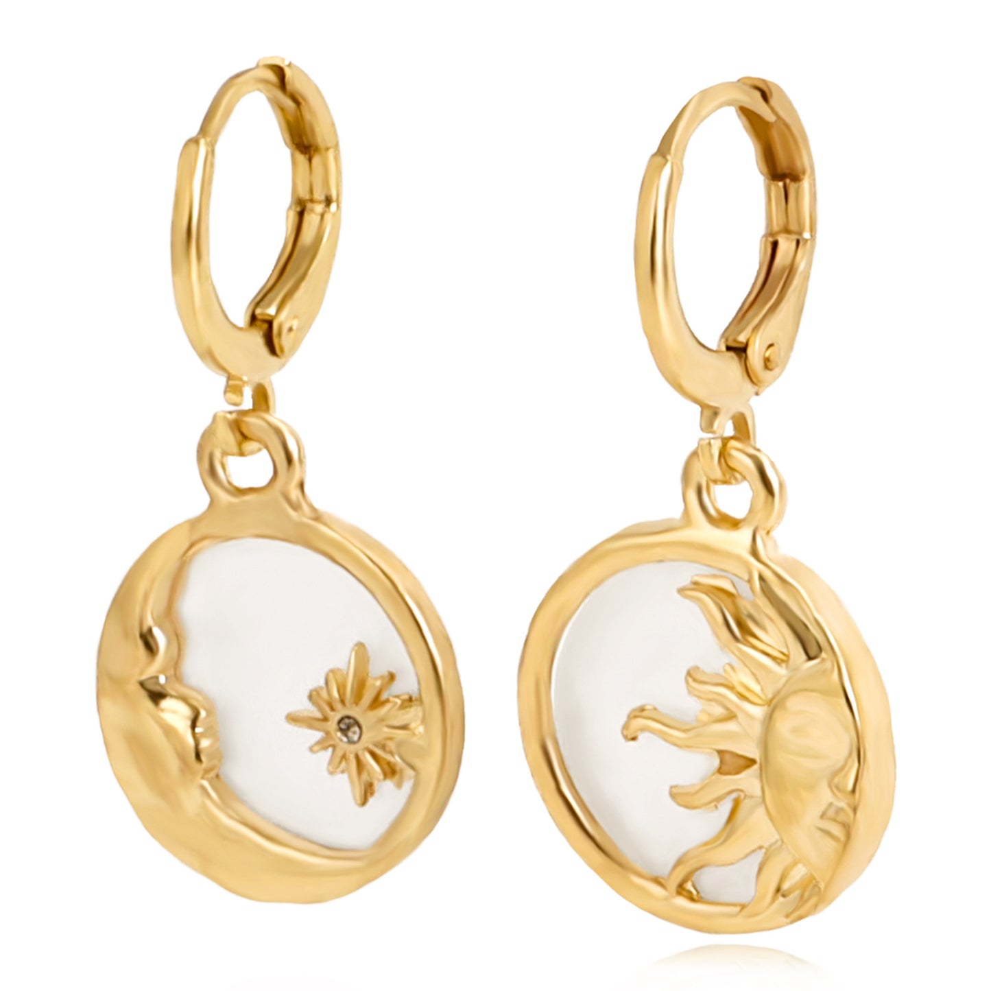 Natural Style Mini Sun and Moon Abalone Shell Pendant Earrings for Women Alloy Geometric Design Minimalist Ear Jewelry