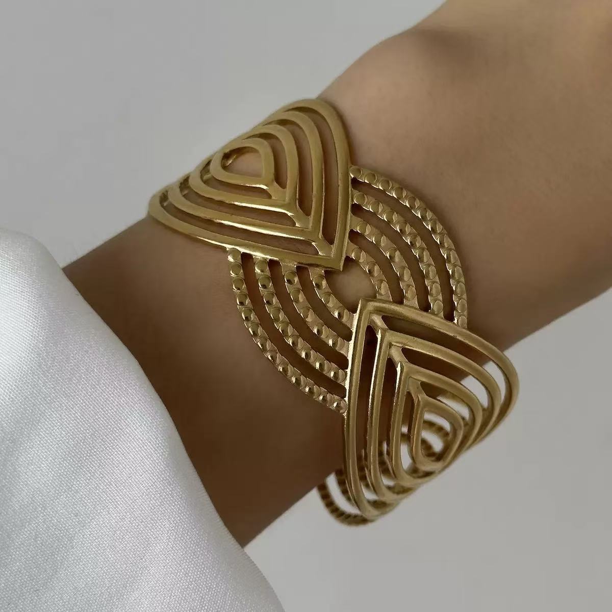 Fashion Geometric Textured Wave Pattern Plated Stainless Steel Wide Open Cuff Bracelet for Women