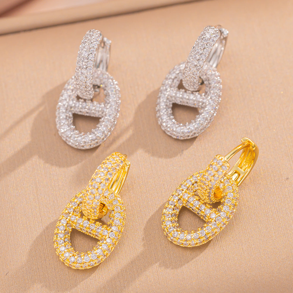 Luxury-Style Pig Nose Earrings in Gold-Plated Copper with Rhinestone Inlay for Women