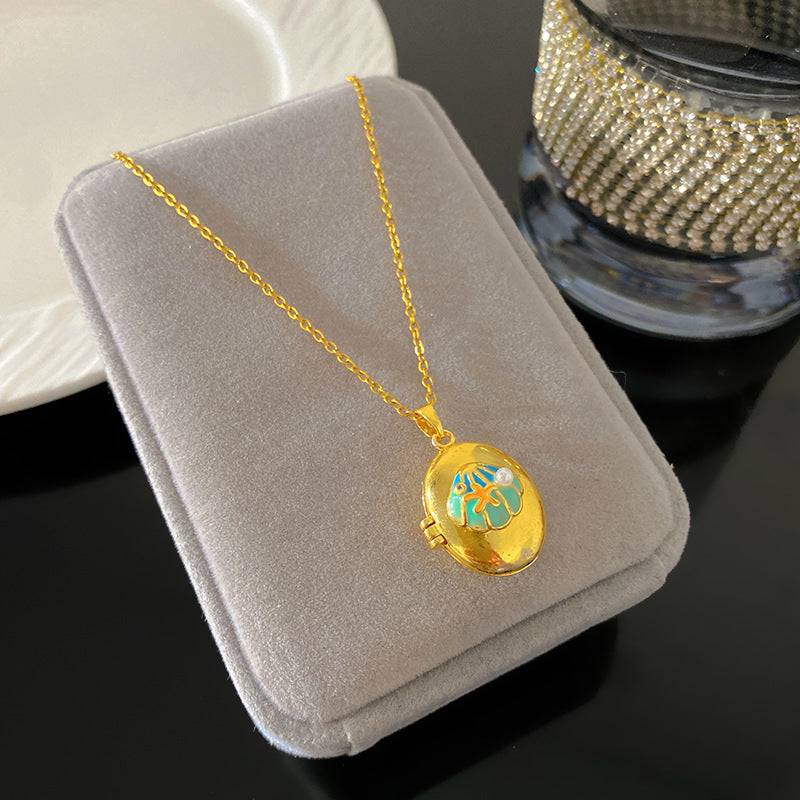Vintage Enamel Drip Oil Oval Heart Brass Pendant Titanium Steel Necklace Cable Chain