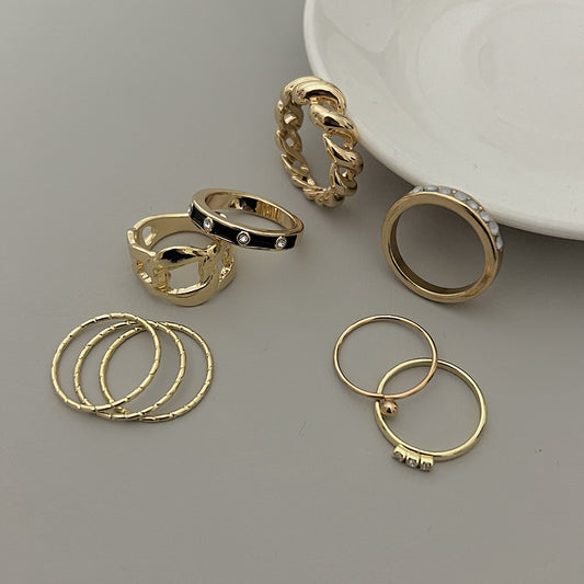 Vintage Bohemian Geometric Round Drip Oil Plated Alloy Ring Set with Rhinestone Crystal Gemstone Inlay for Women and Men