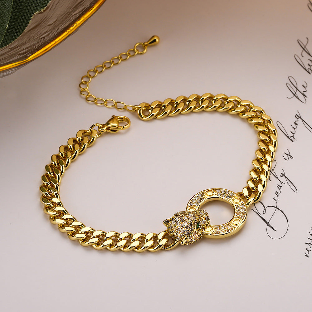 Fashionable Leopard-Shaped Geometric Cuban Link Bracelet for Women in Brass with Real Gold Plating and Micro-Pave Zirconia