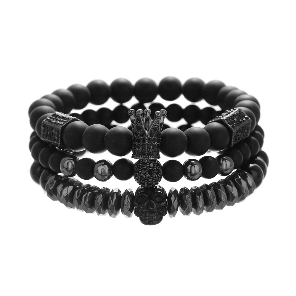 Sporty Micro-pave Cubic Zirconia Crown Elastic Braided Bracelet Set with Tiger Eye and Lava Stone for Unisex