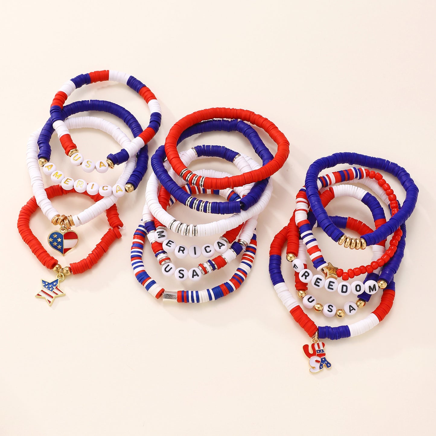 Patriotic Resin Beaded Bracelet Set with Heart Star Letter Charms and Rhinestone Accents
