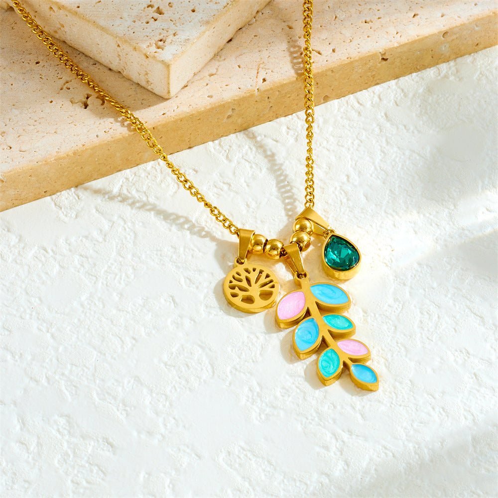Sweet Drip Oil Plant Shape Gold Plated Stainless Steel Life Tree Pendant Necklace with Serpentine Chain for Women
