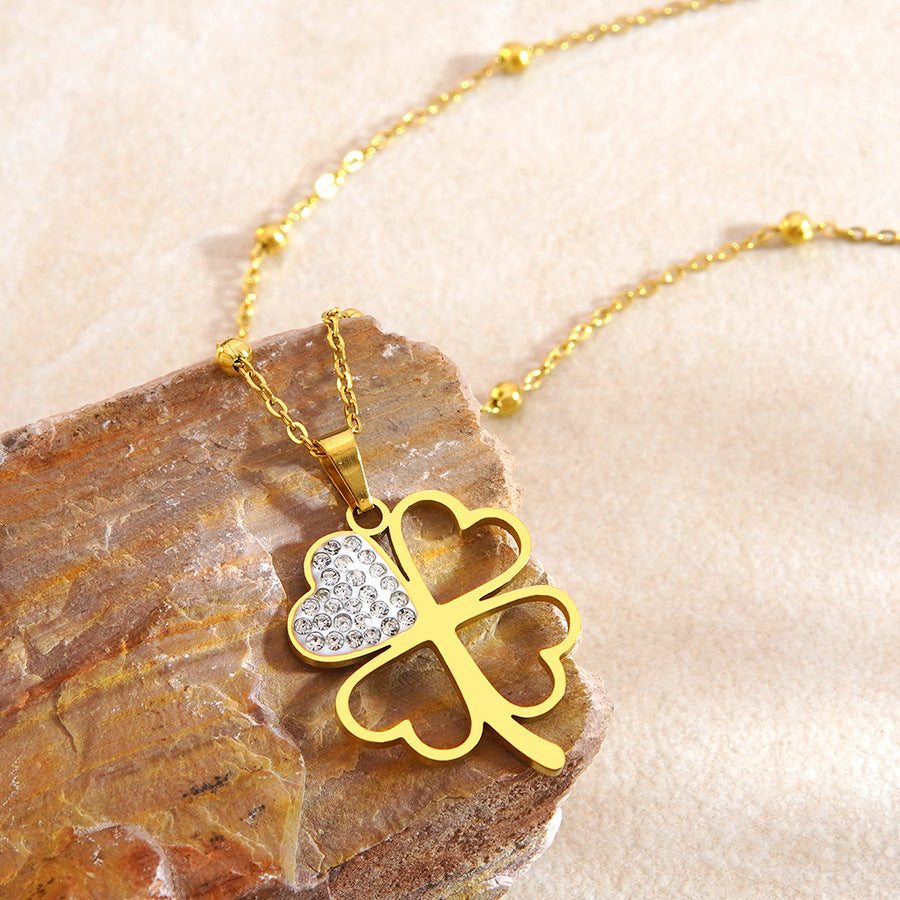 Elegant Rhinestone Inlaid Floral Stainless Steel Necklace for Women