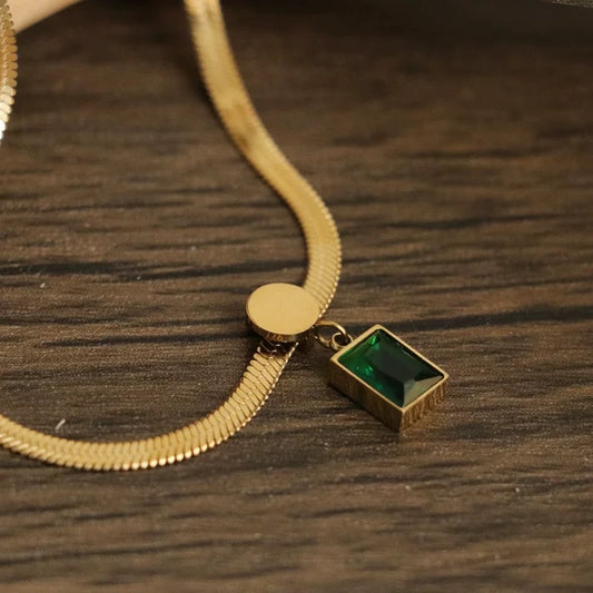 Vintage Green Square Cubic Zirconia Titanium Steel Necklace with Flat Snake Chain for Women