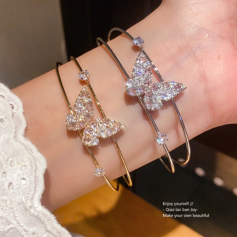 Elegant Butterfly Cubic Zirconia Inlaid Brass Cuff Bracelet for Women