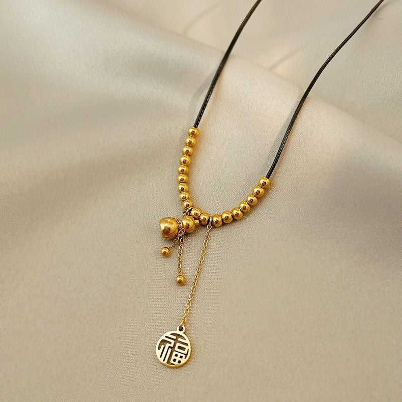 Minimalist Gold Plated Titanium Steel Fu Character Gourd Tassel Necklace for Unisex