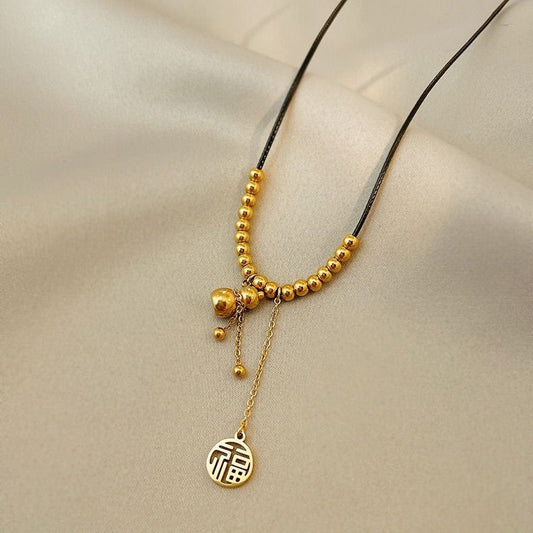 Minimalist Gold Plated Titanium Steel Fu Character Gourd Tassel Necklace for Unisex