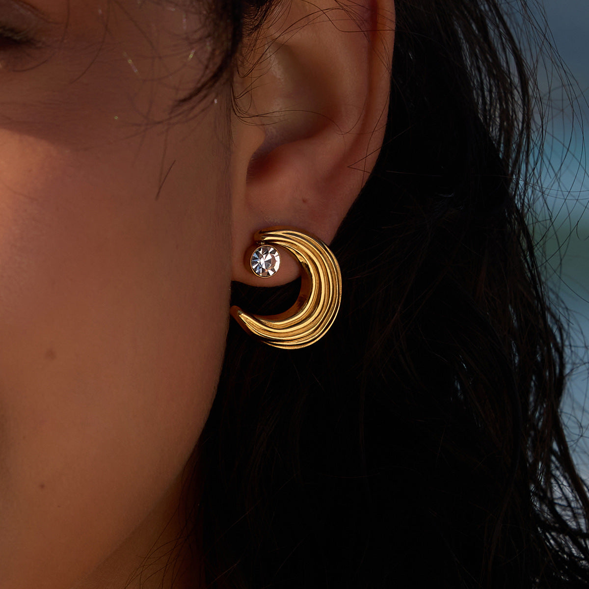 Elegant Moon Rhinestone PVD Stainless Steel Stud Earrings for Women