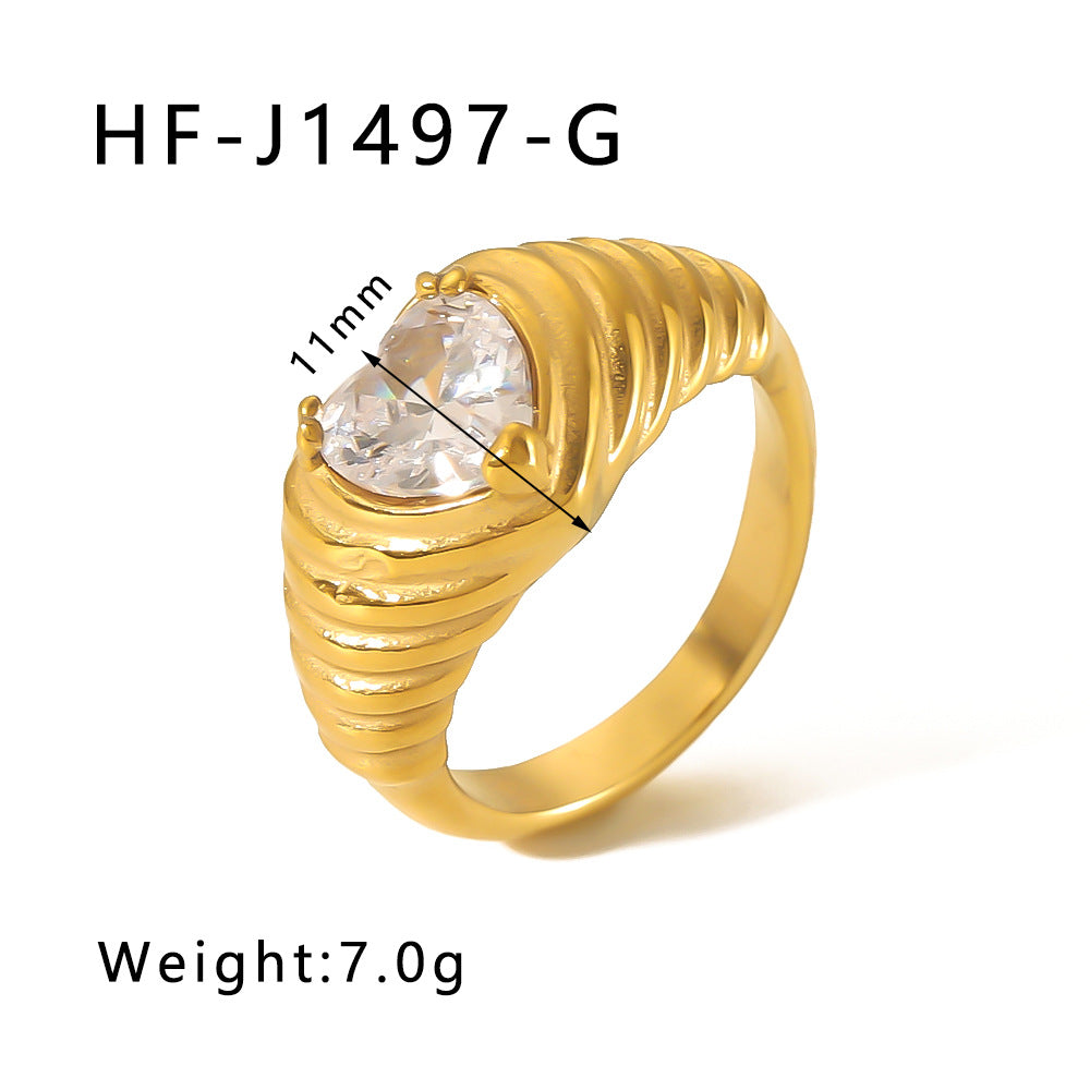 Minimalist Star Heart Geometric Stainless Steel Ring with Zirconia Inlay and 18K Vacuum Plating for Women