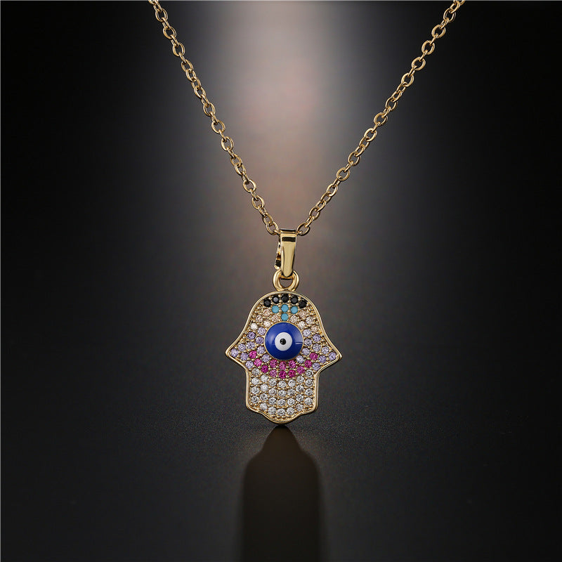 Minimalist Hand-shaped Pendant Necklace for Women in Copper with 18K Gold Plating and Enamel Finish, Set with Cubic Zirconia on O-Chain