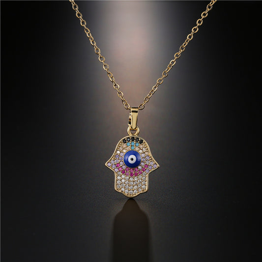 Minimalist Hand-shaped Pendant Necklace for Women in Copper with 18K Gold Plating and Enamel Finish, Set with Cubic Zirconia on O-Chain
