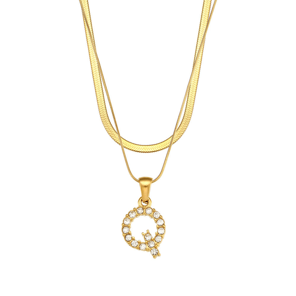 Fashionable Minimalist Letter Pendant Necklace in Stainless Steel with 18K Gold Plating and Cubic Zirconia on Double Snake Chain for Women
