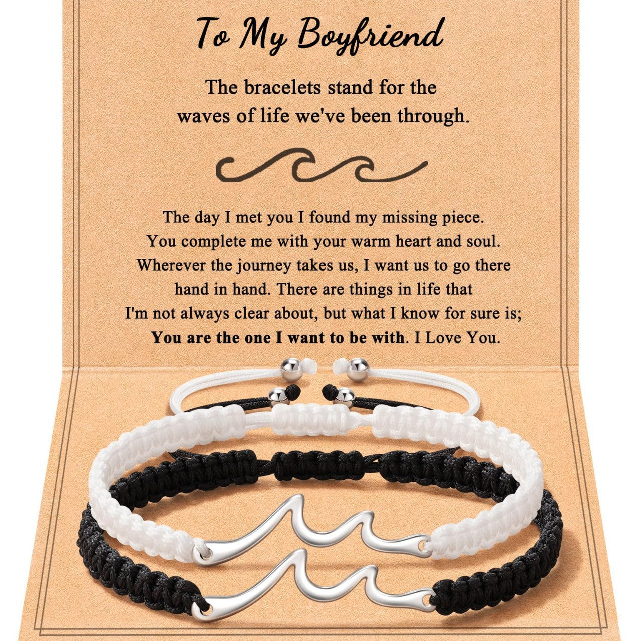 Minimalist Stainless Steel Woven Couple Bracelet Set with Wave Pendant
