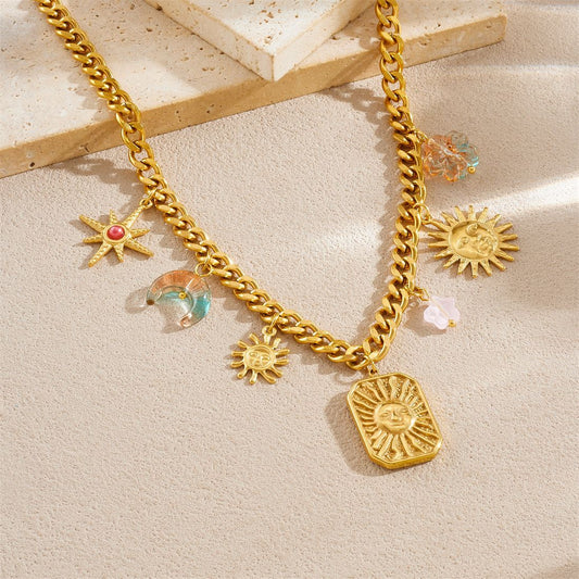 Fashion Gradient Acrylic Moon Star Flower Sun Gold Plated Stainless Steel Jewelry Set for Women